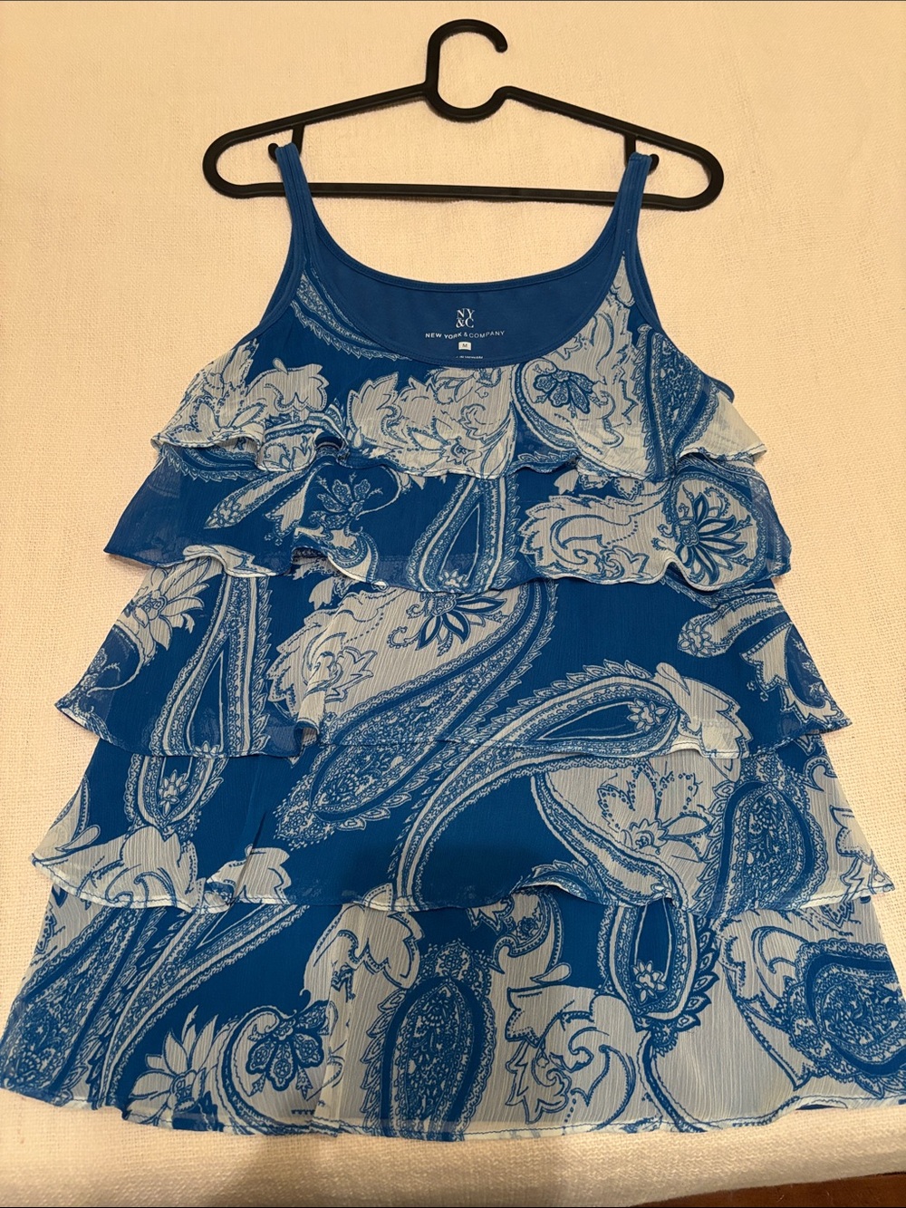 Womens Blue Paisley Ruffle Tank Top